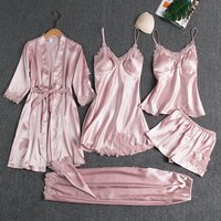 Pajamas Summer Ice Silk Sexy Hot Home Clothes Spring Autumn Long Sleeve Thin Large Five Piece Suit Bathrobe