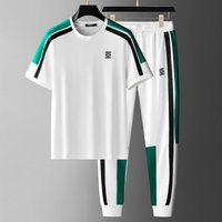 Clothing T shirt Sports Suit Summer Station Slim fitting Contrasting Casual Trousers Two piece Set