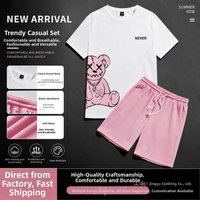 American Style Trendy Cartoon Print Summer Sportswear Set Short Sleeved Casual Two Piece Street Style Couple Outfit