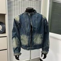Clothing Distressed Denim Jacket Punk Style Short Biker Jacket Asymmetric Zip & Washed Effect Oversized Fit Streetwear