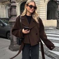 Elegant French Wool Blend Coat Relaxed Fit Double Breasted Blazer Belt Detail Office Chic & Casual Fall Winter Outerwear
