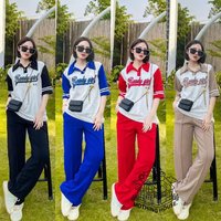 Women's Casual Summer Suit Set - Polo Collar Top & Wide Leg Pants, Contrast Color Two-Piece Outfit