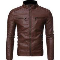 Men's Clothing Collar Striped Double Zipper PU Leather Jacket Large Size Motorcycle Leather Jacket