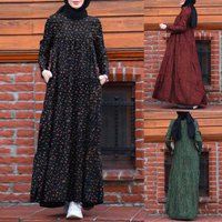 Fashionable layer printed back zippered cotton linen retro dress