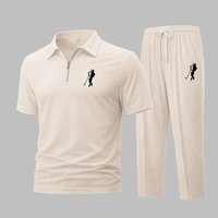 3D Printed Solid Waffle Suit Lapel Short Sleeve Zipper Pants Casual Spring Autumn