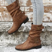 Winter Round Toe Mid Calf Smoking Boots Plus Pleated Style Stock