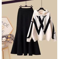 Women's Clothing Autumn Plus Size Outfit For Women New Style Fashion Temperament Age Reducing Hooded Knitted Sweater Skirt Two Piece Suit