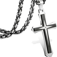 Men's Stainless Steel Two-Tone Cross Pendant Necklace With Cuban Chain, Durable Titanium Steel Jewelry For Everyday Wear, Unisex Fashion Accessory