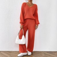 Casual Knit Sweater Set V Neck Loose Top + Solid Wide Leg Straight Pants Two Piece Outfit
