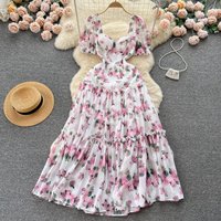 Women's square neck puff sleeve floral dress female waist temperament super fairy chiffon long dress