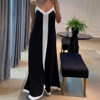 clothing temperament elegant contrast V neck long suspender dress