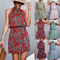 2023 Spring/Summer New Line Sexy Hanging Neck Fragmented Flower Print Dress Short Skirt For Women