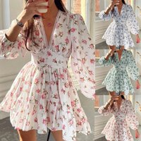 Women’s Clothing Elegant Sweet Printed V Neck Pleated Short Long Sleeved Spring Dress