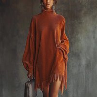 Women's Clothing Effortless Boho Corduroy Dress – Oversized Long Sleeve Tunic With Fringe Detail & Pockets