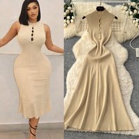 Elegant High Neck Knit Dress Hollow Metal Buckle Minimalist Winter Long Dress