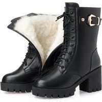 Short Boots Winter Medium Boots Shoes Boots Thick Heel Martin Boots High Heels Leather Boots Fleece Lined Cott