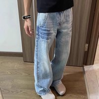 Washed Light Blue Jeans American Trend Casual Versatile Loose Straight Trousers