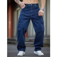Men's Washed Blue Relaxed Fit Workwear Jeans, Multi-Pocket Wide Leg Denim Trousers For Casual Wear Soft Washed Cotton Denim Fabric