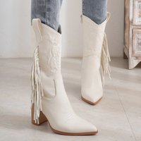 Autumn/Winter pointed mid-leg Knight Boots Embroidered tassel boots White new Western cowboy boots