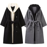 2024 Fashion hooded bib two knitted pieces Coat Vintage Long Sleeve Female Outerwear Chic Overshirt