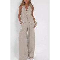 Clothing Casual Fashion Patchwork Cotton Linen Pant Set V Neck Vest Trousers European American Style