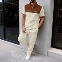 Large Checkered Block T Shirt Trousers Set Casual Sportswear Half Zip Short Sleeved