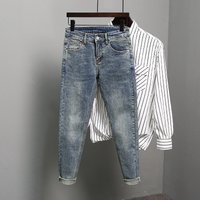 Men's Jeans Trendy Brand Blue Nine Points Versatile Spring New Slim-fitting Small Feet Elastic Trousers
