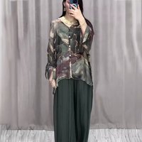 Clothing spring fashion hand painted printed shirt top wide leg pants two piece suit