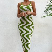 clothing foreign trade knitted dress Spring contrast slim striped suspenders sweater dress