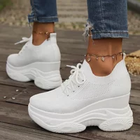 Knitted Wedge 2026 Spring Breathable Mesh Chunky Platform Sneakers Woman Plus Lace Up Sport Shoes