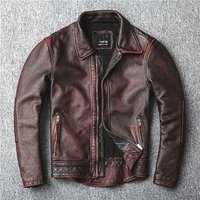 Men's Clothing Retro Distressed Top Layer Vintage Distressed Genuine Leather Motorcycle Jacket For Men - Tailcoat Style, Red Brown, Sizes S-6XL
