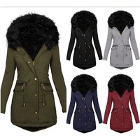 Fashion Autumn Winter Solid Fur Collar Hooded Long Warm Cotton padded Jacket