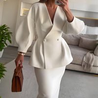 Elegant Blazer Coat Skirt Set Women Slim V-neck Long Lantern Sleeve Jacket Top Midi Skirts Suits 2 Pieces Office Chic Outfits