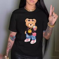 Women's fashion fashion cool bear print T-shirt short-sleeved round neck casual top