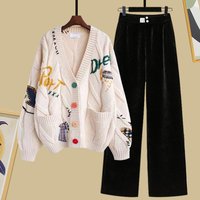 "Korean Inspired Loose Knit Sweater & Drape Sports Pants Set Soft V Neck Top & Comfortable Straight Leg Bottoms