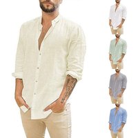 Men's Clothing Linen Cardigan Solid Color Casual Stand Collar Long Sleeve Shirt