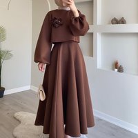 Middle East Floral Lantern Sleeve Loose Dress Two Piece Suit Without Hat