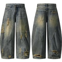 Grunge Distressed Denim Pants – Oversized Straight Leg Vintage Washed Jeans Artistic Rips & Frayed Hem 
