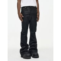 Coated Waxed Flared Jeans – High Street RO Style Relaxed Fit Slight Stretch & Distressed Hem 