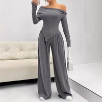 Clothing Two Piece Suit Autumn Style Fashion Casual Straight Pants Temperament Loose One Line Collar Pit Strip Knit