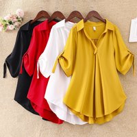 Clothing Mid Length Chiffon Blouse Plus Short Sleeved Loose Fit Slimming Top Waist Cinching Trendy Style Summer