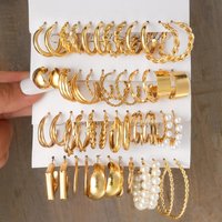 Earring Sets Square Geometric Retro Faux Pearl Earring Set Creative Twisted Metal Hoop Earrings