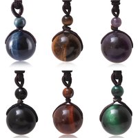 Men's Jewelry Natural Stone Crystal Round Bead Necklace Braided Tiger Stone Round Bead Pendant Single Obsidian Bead Men's Luck Necklace
