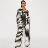 Two piece Set Fashion Casual Home Outing Striped Button down Shirt Trouser Suit