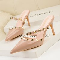 899 46 Sexy Slim High Heels Shallow Mouth Pointed Hollow Metal Rivet Shoes Straight Line Lacquer Leather