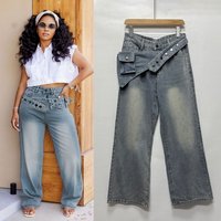 Distressed Denim Wide Leg Jeans Detachable Utility Belt Vintage Wash Straight Leg Trousers Pocket Design
