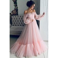 2023 off shoulder mesh long sleeve wedding dress large hem dress Bridal Wear