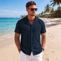 Solid Cuban Collar Linen Shirt Summer Short Sleeve Loose Fit Beach Vacation Top Foreign Trade Cross Border