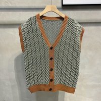 Men's Clothing Retro V neck knitted cardigan for men autumn and winter all match style contrast color loose waistcoat vest sleeveless vest