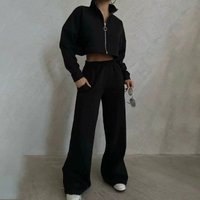 Casual Zip Up High Neck Long Sleeve Top & Straight Leg Lounge Pants Set Soft Cotton Blend Relaxed Fit Streetwear Essentials
